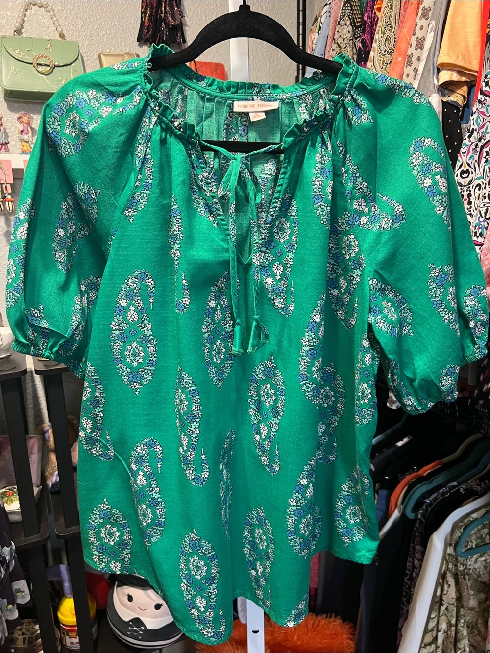 Knox Rose Emerald Green Paisley Tie-Neck Peasant Top
